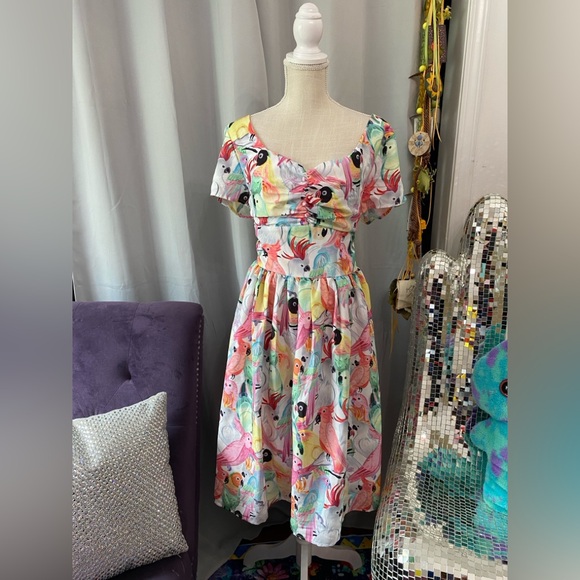 ❌SOLD❌UNIQUE VINTAGE MODCLOTH XL PARROT TROPICAL BIRD SWING DRESS SWEETHEART - Picture 2 of 9
